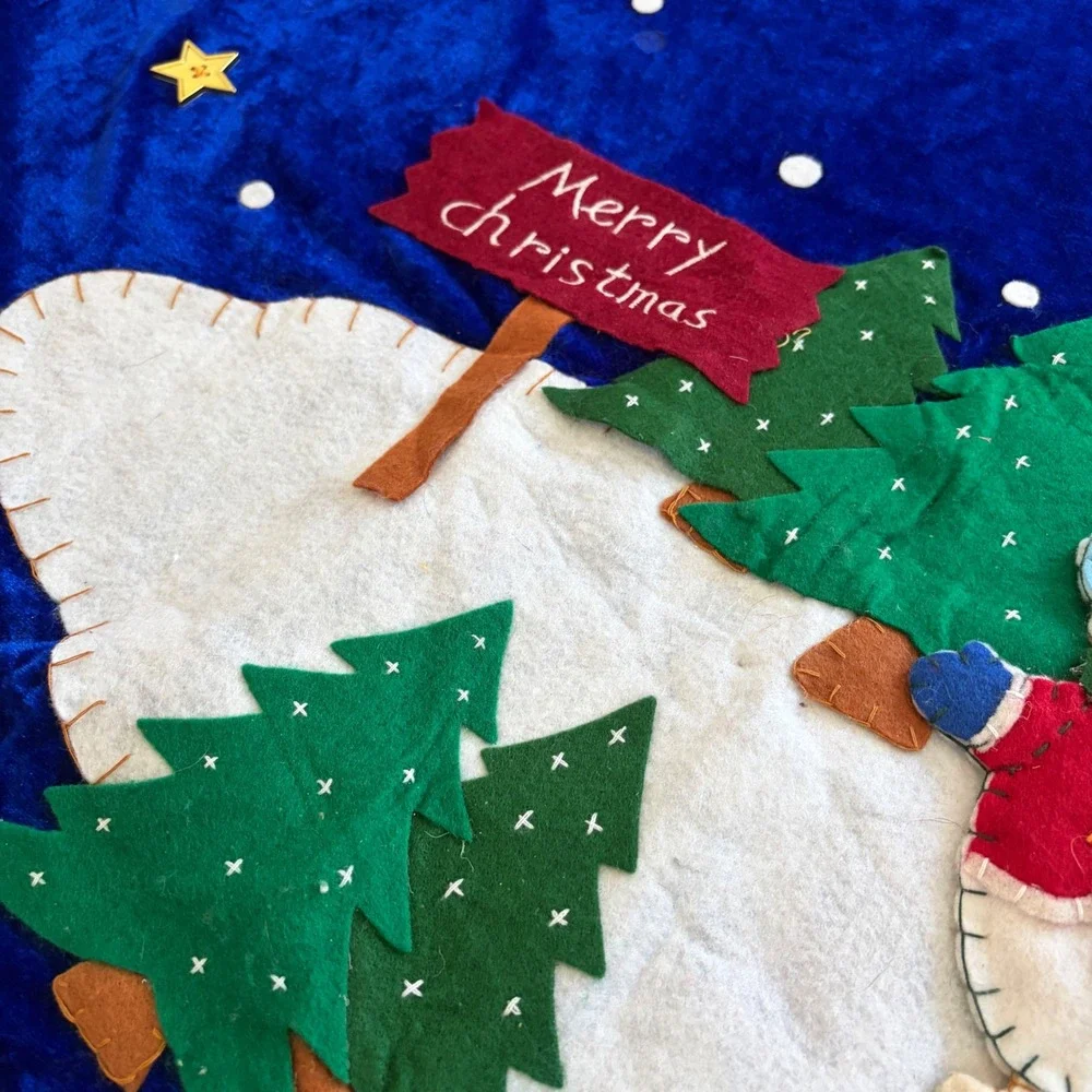 Snowman Skating 3D Felt Applique Blue Velvet Christmas Tree Skirt 43